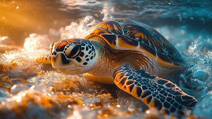 Fototapeta premium A turtle swims through the ocean caught in plastic nets, symbolizing the intersection of plastic pollution and global warming concerns.