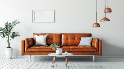 Modern sofa bed with white legs and brown leather seats, set against a white wall background with a small coffee table and decorative items in a minimalistic style.