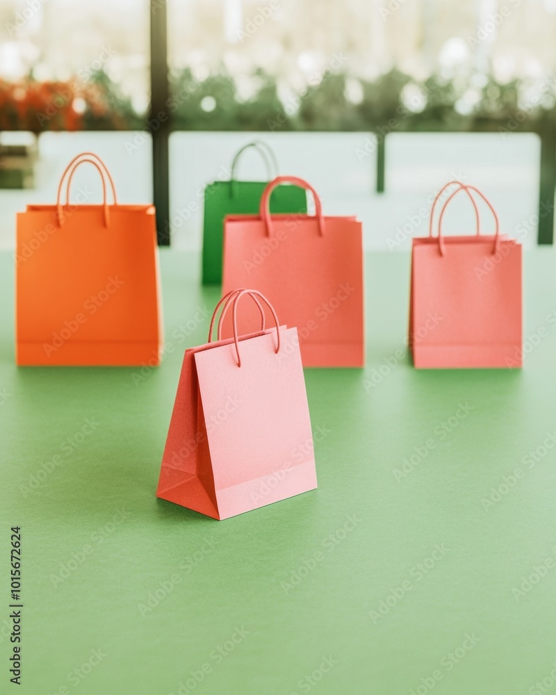 Poster vibrant green table surface for product display with colorful shopping bags in blurred background an