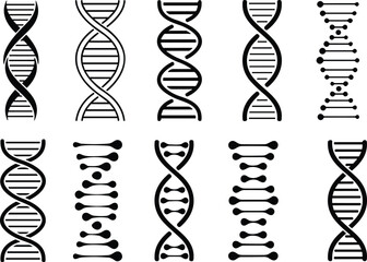 Set of DNA icons. Life gene model bio code genetics molecule medical symbols. Structure molecule, chromosome icon. Pictogram of DNA vector, genetic sign, elements and icons collection.