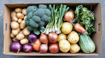 A community-supported agriculture (CSA) box filled with a variety of locally grown vegetables, including potatoes, onions, and broccoli, delivered fresh and ready to be used in a home-cooked meal