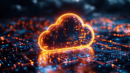A vibrant 3D render of a neon cloud icon, illustrating data storage technology on a high-tech floor with contrasting colors.