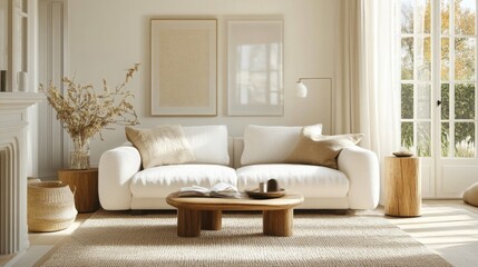 A bright, inviting living room showcases a white sofa adorned with pillows, a wooden coffee table, and warm decor