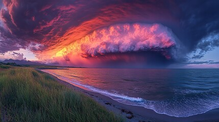 Fototapeta premium A vibrant cloudscape over the sea reflects dramatic weather patterns and climate change's influence on natural beauty.