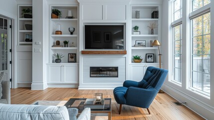 Modern white built-in wall with shelves and TV in the living room of an upper middle-class home, featuring a blue chair and a fireplace, illuminated by natural light.