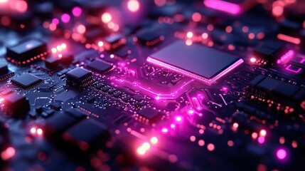 A vibrant microchip backdrop in purple and blue, designed with 3D illustrations of PCB technology and futuristic linkages.