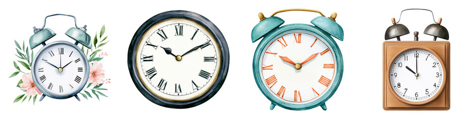 A collection of four distinct alarm clocks, each with unique designs and styles, showcasing the variety in timepieces.