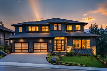 New modern luxury home exterior featuring a two-car garage and driveway in front of a dark blue house, accented with beige walls and stone, under sunset lighting.