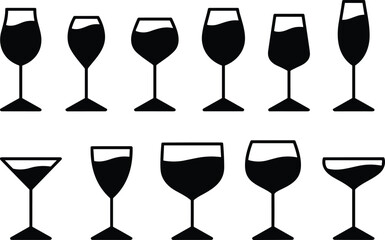 Glass for drink icons. Cocktail and alcoholic drink for party liquid martini with ice bar pictogram vector collection. Illustration of alcohol drink, martini beverage and whiskey