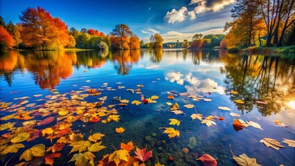 Naklejka premium Golden Hues Reflected in Tranquil Waters, A Symphony of Autumn Colors on a Still Lake