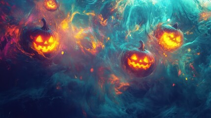 A Multi-layered, colorful and textured abstract Halloween digital art featuring distorted Halloween pumpkins and eyes floating in swirling mist.
