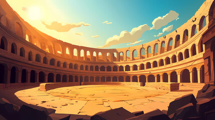 This ancient roman arena was used to fight gladiators in ancient battles between barbarians, warriors, and spartans. historical arena for traditional shows. Greek Amphitheater. Illustration