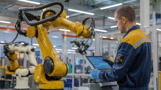 Worker operating a robotic arm in a modern industrial setting