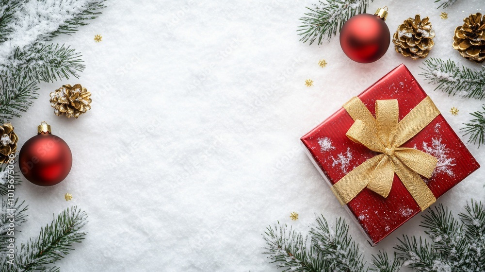 Aufkleber a red gift box with a gold bow is lying on a white surface covered in snow. there are pine branches 