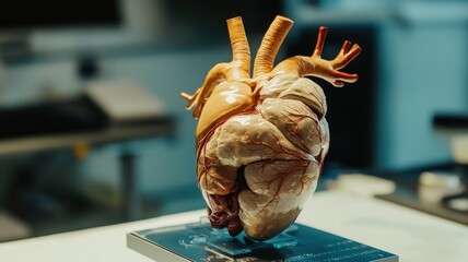 Anatomical human heart model displayed on a laboratory table.