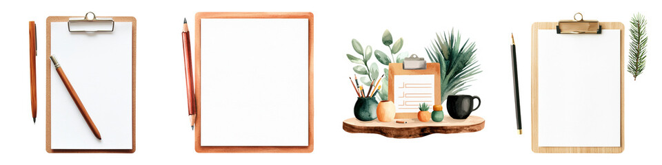 A collection of clipboards with blank pages, featuring a pen and decorative plants, ideal for note-taking and planning.