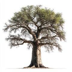 An exotic baobab tree, isolated on a clean white background, with its thick trunk and sparse branches