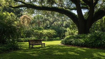 A solitary bench sits in a tranquil, sun-dappled forest, inviting relaxation and contemplation.