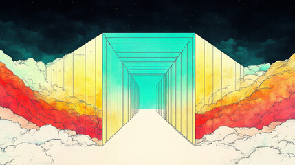 Abstract digital art depicting a gateway through colorful clouds.