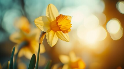 Fototapeta premium Daffodil yellow flower with vibrant sun light blurred background