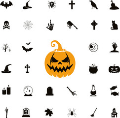 Horror and scary faces and other Halloween symbols silhouette icons set. Halloween pumpkin, emoji and tattoo ghost smile spooky jack evil mouth eyes scary - vector illustration.