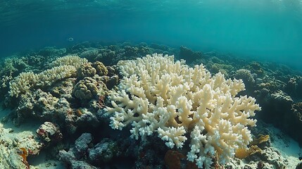 Fototapeta premium A wide shot of a coral reef shows the heartbreaking bleaching of once-thriving corals, victims of climate change and global warming.
