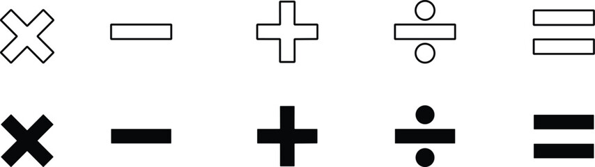 Math Symbols Icon Set. Mathematic Minus Plus Equal multiplication, division Vector Illustration. Addition, subtraction.