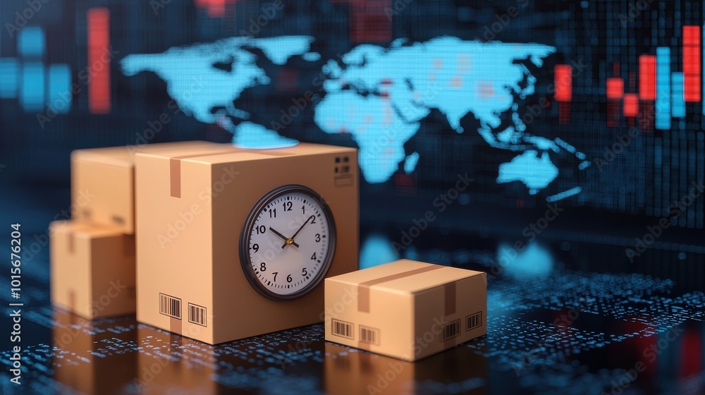 Poster cardboard boxes with clock on digital world map background, isolation concept.
