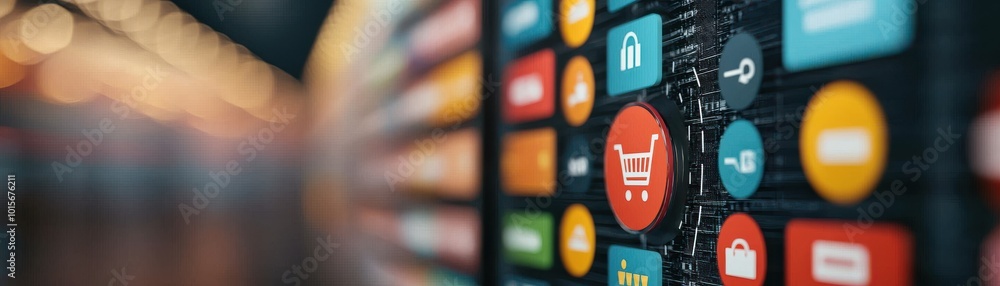 Poster close-up of colorful digital icons on a shopping application interface.