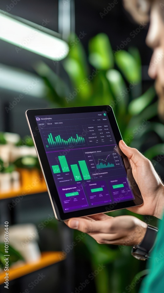 Poster person holding digital tablet displaying data analysis and charts.