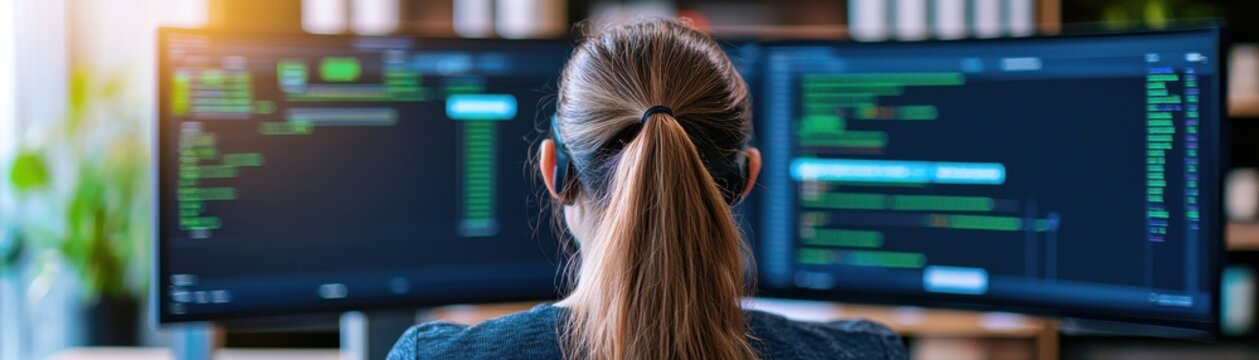 Person coding on dual monitors in a modern workspace, focused on programming tasks.
