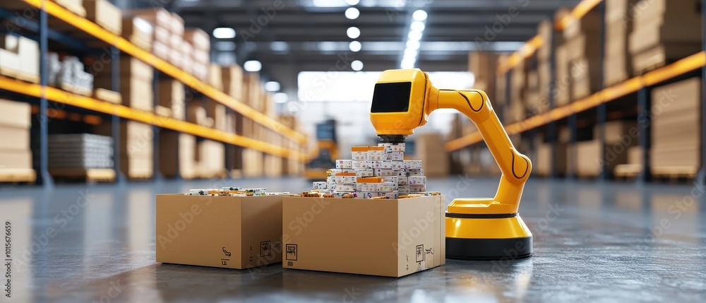 Poster yellow robotic arm sorting boxes in a warehouse environment.