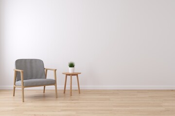 Interior of living minimal style with grey armchair and plant, Empty space for products presentation or text for advertising.