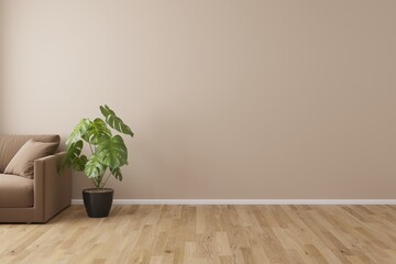 Interior of living minimal style with brown sofa and plant, Empty space for products presentation or text for advertising.