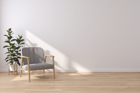 Interior of living minimal style with grey armchair and plant, Empty space for products presentation or text for advertising.