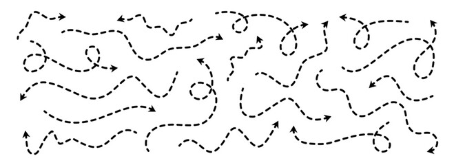 Different dotted thin arrows set. Wavy and curved dashed pointers collection. Wiggly sketchy direction lines. Dots squiggle loop stripe design elements bundle for flyer, poster, brochure. Vector