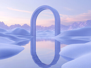 surreal landscape of a body of water with a rainbow-colored, circular archway, through which the sun is shining, with a mountainous background.