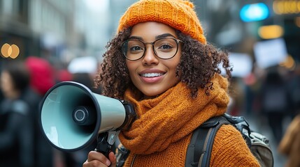 A woman protests with a megaphone, urging action against climate change and advocating for global environmental protection through collective activism.