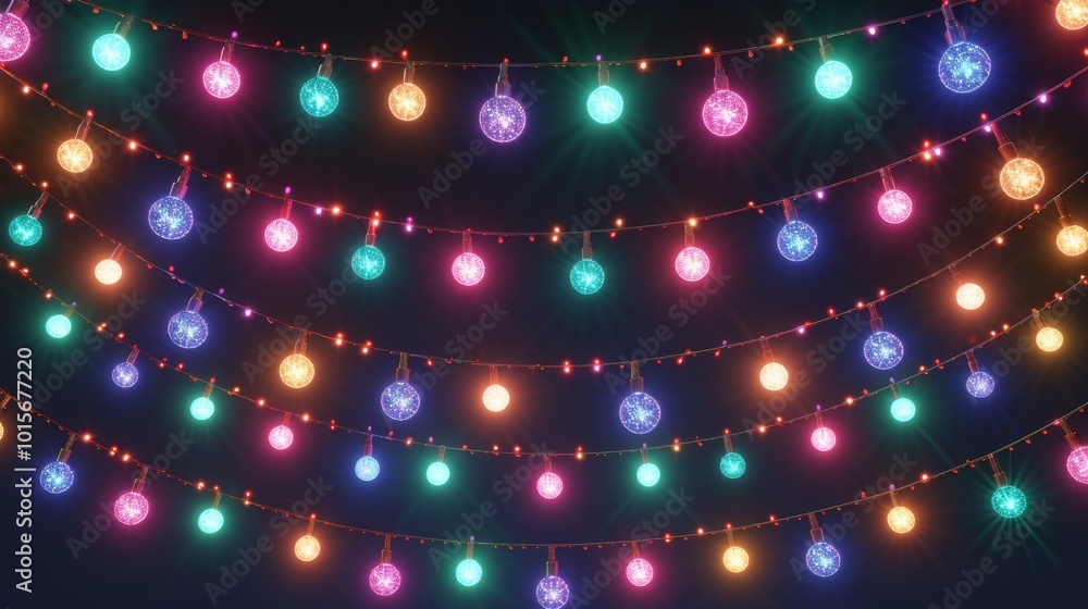 Aufkleber rows of colorful string lights hang against a dark backdrop, filling the scene with a warm, festive 