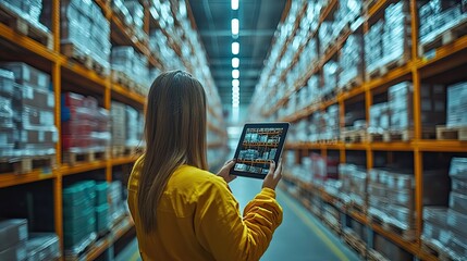 A worker managing stock inventory with a digital tablet, overseeing logistics and teamwork in a global distribution center.