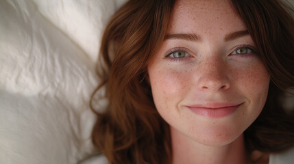 the image features a close-up of a woman with smiling face and brown medium hair