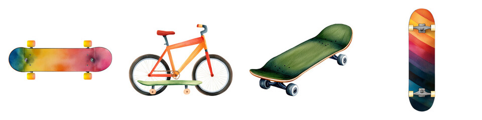 Fototapeta premium A colorful skateboard and bicycle are showcased alongside two different skateboards, emphasizing vibrant designs and active lifestyle.