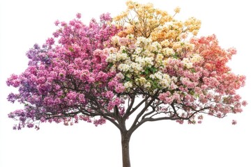 Fototapeta premium A tree in full bloom, isolated on white, showcasing a variety of colorful and delicate flowers