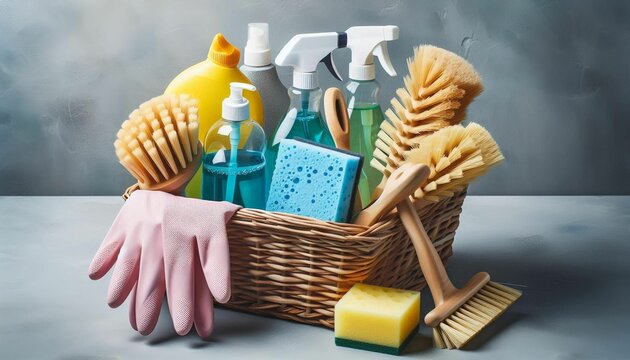 A collection of essential cleaning products, including brushes, sponges, and sprays, displayed in a wicker basket. Perfect for home cleaning, hygiene, and sanitation themes – Generative AI