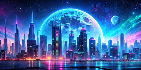 A futuristic cityscape illuminated by the glow of a luminous moon, bathed in the ethereal light of celestial bodies, reflecting on the shimmering surface of a reflecting pool.