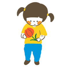 手描き 子どもとチューリップ（女の子）