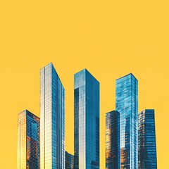 Fototapeta premium A skyline of tall glass buildings shining under bright sunlight, isolated on a vibrant yellow background, with space left open for text