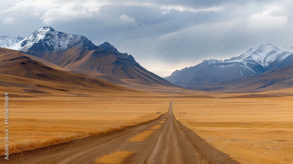 Canvas Prints A serene desert scene with a lonely road leading to majestic peaks, inviting adventure under a gentle sky.