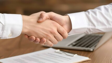 Obraz premium A closeup shot capturing an agreement, showcasing two hands shaking over a desk filled with documents and tech.