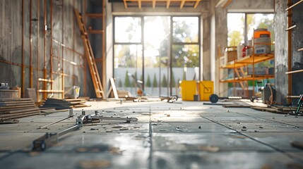 Daylight view of a modern house under construction with tools and materials